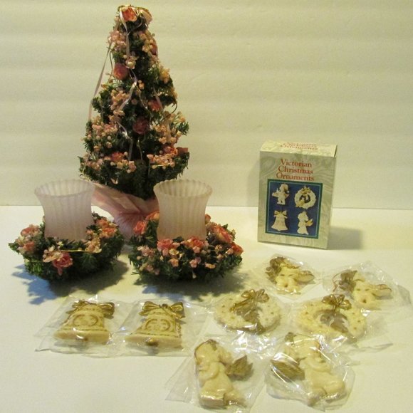 vtg Victorian Christmas ornaments with pink rose Xmas tree with 2 candle holder - Picture 1 of 9